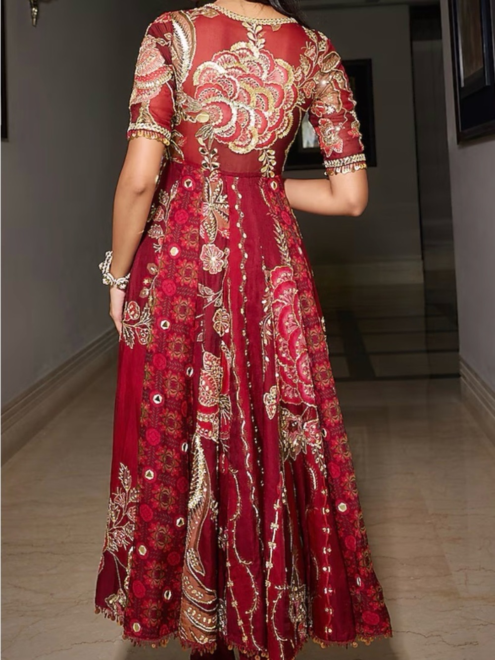 Mahima Mahajan Red Embellished Bridal Maxi Dress with Gold Accents - Picture 3 of 5